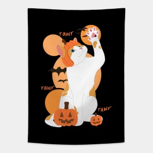 HALLOWEEN PUMPKIN WHITE ORANGE CAT Tapestry