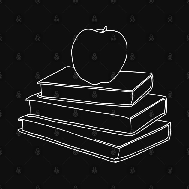 Apple on Book Stack - Red Apple & White Books Line Art by Tilila