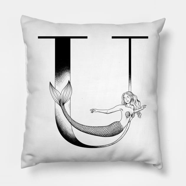 Mermaid Monogram U Pillow by Elizabeth Weglein Art