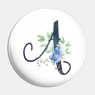 Floral Monogram A Wild Blue Flowers Pin