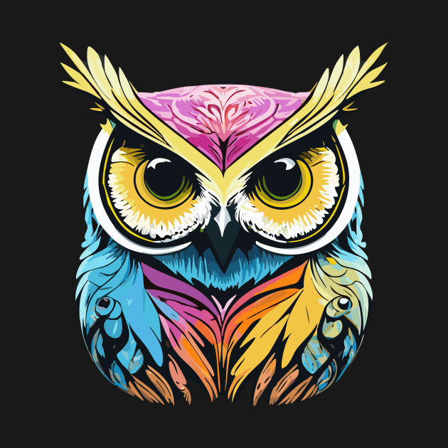 t-shirt design, colorful owl with yellow eyes on a black background, an airbrush painting by goingplaces