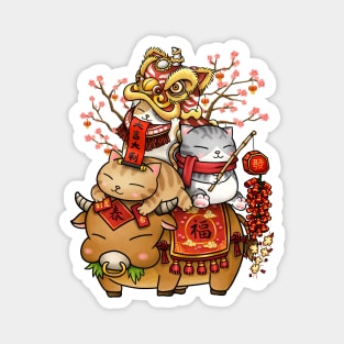 Chinese New Year Cats on Ox Magnet