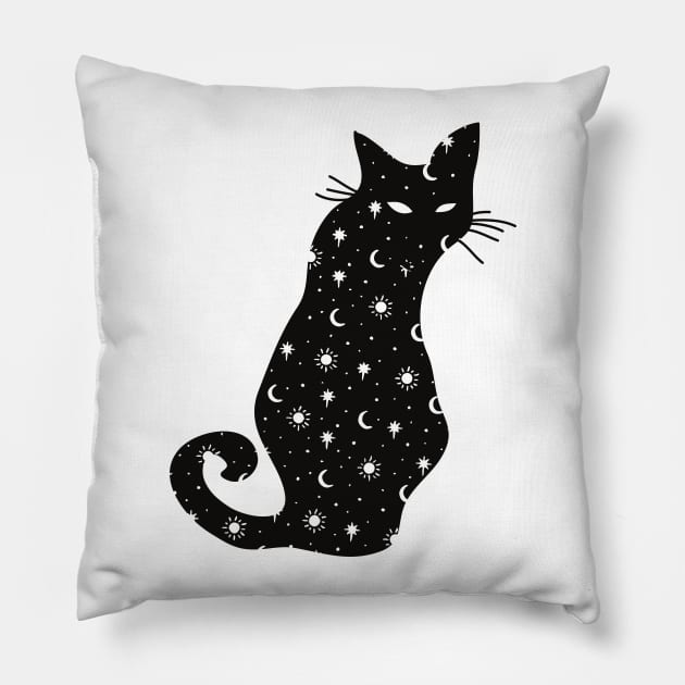 Black Cat Silhouette with moon, sun and stars Pillow by From Mars