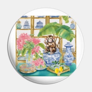 Cute monkey, lemons and chinoiserie jars Pin