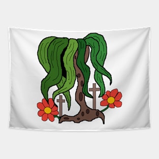 weird tree with cross and flowers Tapestry