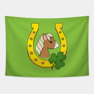 Cute Brown Horse with Golden Horse Shoe and Shamrock Tapestry