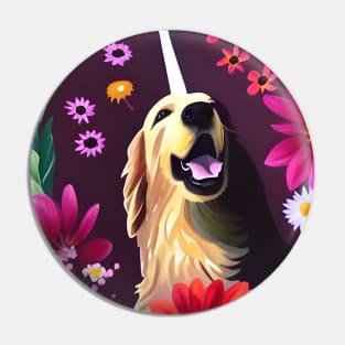 Golden Retriever Dog Puppy Whimsical Portrait Hiding in Wildflowers Secret Garden Digital Art Watercolor Painting Pin