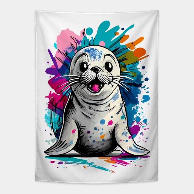 Seal Colourful - Cute Baby Seal - Marine Animal Tapestry by BigWildKiwi