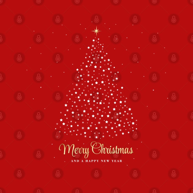 Merry Christmas and a Happy New Year. Minimalistic Christmas tree illustration. High quality Christmas red white and gold starry illustration in minimalist style. by ChrisiMM