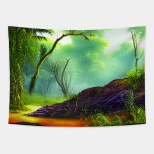 Landscape Painting with Tropical Plants and Lake, Scenery Nature Tapestry