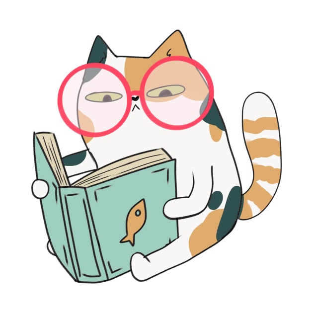 Cute Calico cat reading a book with glasses by Mayarart