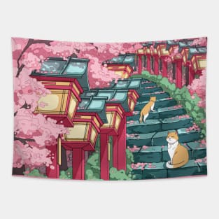 The Japanese shrine, cats, and pink sakura blossom Tapestry