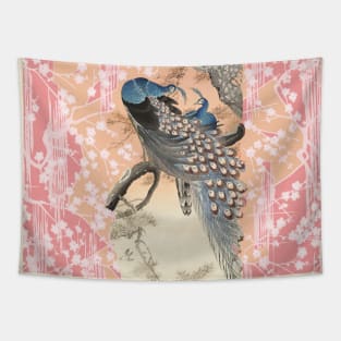 PEACOCKS WITH PINK WHITE SAKURA FLOWERS Antique Japanese Floral Tapestry