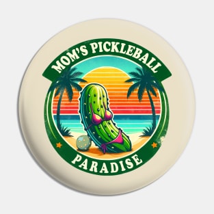 Mom's Pickleball Paradise, vintage retro design pickle with bikini on the beach,funny pickleball Pin