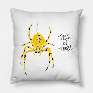 yellow spider with black stripes and trick or treat typography Pillow