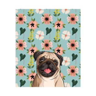 Pug Dog Head with Spring Flower Pattern Background T-Shirt