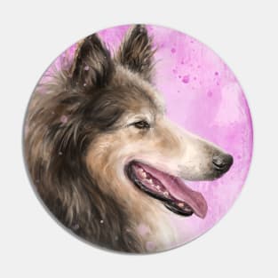 Painting of a Brown and White Furry Collie Dog Smiling Pin