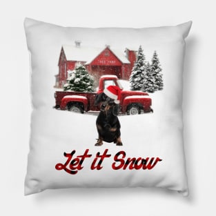 Black Dachshund Let It Snow Tree Farm Red Truck Christmas Pillow