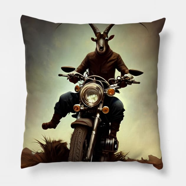 Goat on motorcycle funny biker Pillow by QuickSilverfish