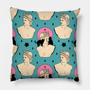 Greek God Black Cat Pattern in blue Pillow