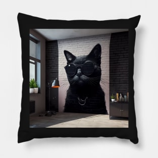 Ai generated black cat wearing sunglasses, painted onto a wall, Expressive Art Sticker Pillow