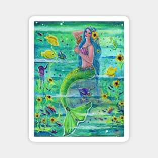 Sunny Sea mermaid" with tropical fish in the ocean copyright Renee L Lavoie Magnet