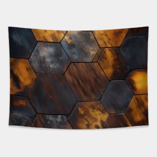 Geometric Timber: Crystalline Hexagons in Amber and Blue Tapestry