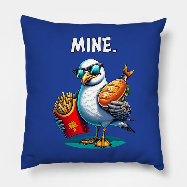 'Mine.' Saying | Funny Seagull with Fries and Fish Sandwich Pillow by Infinitee Shirts