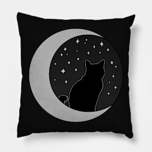 Black Cat and Silver Crescent Moon Pillow