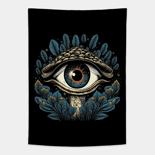 Psychedelic Mushroom with Big Eye Surreal Trippy Nature Tapestry by Apocatnipse Meow