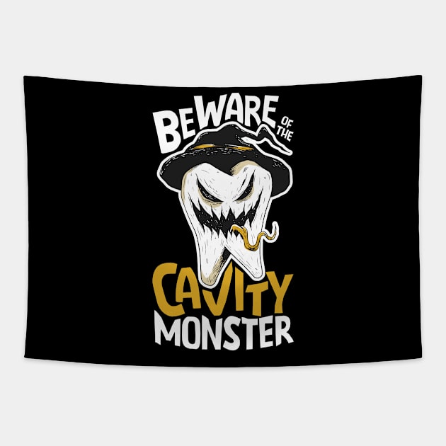 Beware of the Cavity Monster // Funny Halloween Tooth Tapestry by SLAG_Creative