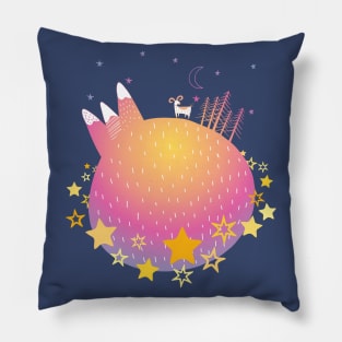 "Home Planet" in teal, pink, and yellow with a ring of yellow stars - a whimsical world Pillow