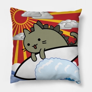 CATching waves cat zilla surfer and sunset Pillow