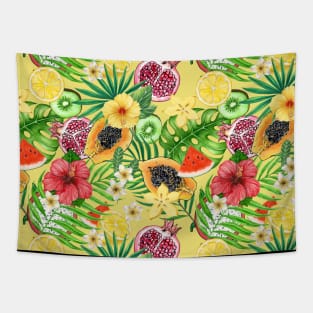 Tropical mix-fruit, flowers and leaves on yellow Tapestry