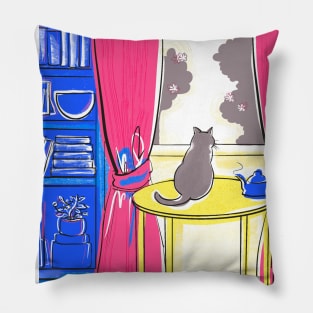 Cat Relaxing and Chilling at Home with Bookcase and Decor Pillow