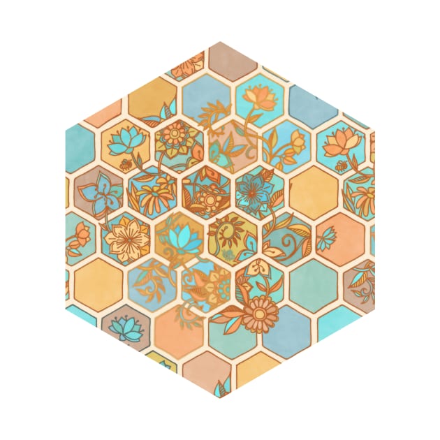 Golden Honeycomb Tangle - hexagon doodle in peach, blue, mint & cream by micklyn