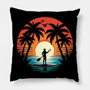 Paddle Boarder Palm Tree Sunset Pillow