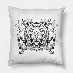 Roaring Tiger with Skull Lineart Pillow