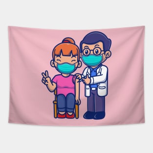 Cute Doctor Injecting Female Patient Cartoon Tapestry