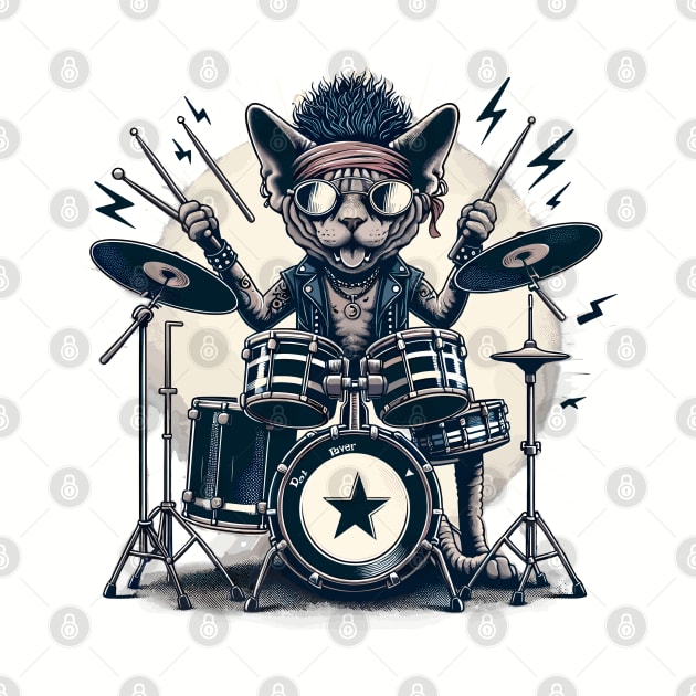 Devon Rex Cat Playing Drums by Graceful Designs