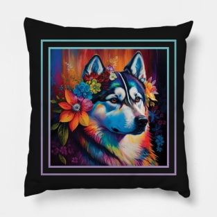 Regal Husky Floral Tropical Vibrant Digital Oil Painting Portrait Pillow
