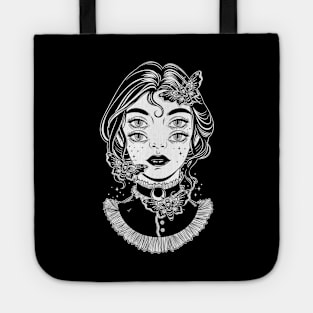 Cute victorian witch with butterflies and four eyes Tote