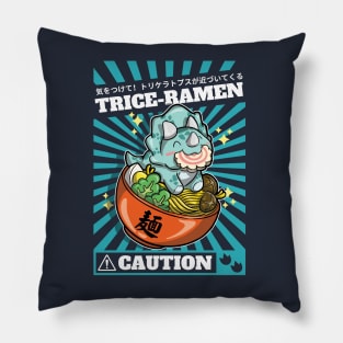 Trice-ramen - Triceratops eating a bowl of ramen. Danger! Caution dinosaur approaching Pillow