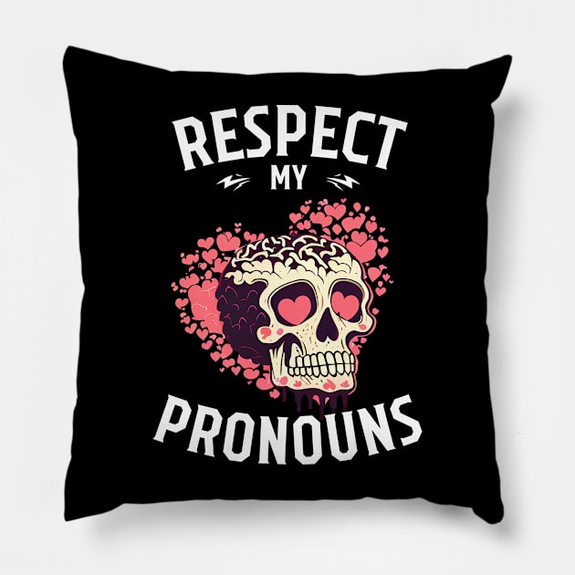 Respect my Pronouns, skull with pink hearts Pillow by Artisan