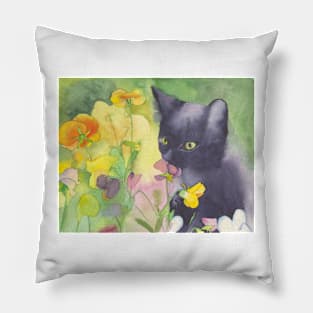 Cat With Flowers, watercolor painting Pillow