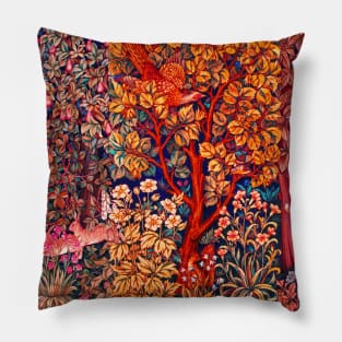 GREENERY,FOREST ANIMALS Pheasant on Fall Tree,Squirrel,Hares,Red Orange Pink Floral Tapestry Pillow