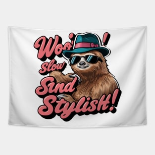 Woo! Slow and Stylish Sloth 2D Flat Illustration T-Shirt Design - Retro Pop Art Tapestry