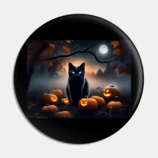 A sleek black cat on Halloween night Pin