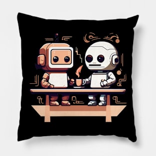 two cute robots drinking coffee Pillow