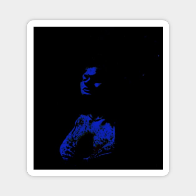 Portrait, digital collage, special processing. Beautiful girl in dark place. Breasts in bra. Blue. Magnet by 234TeeUser234